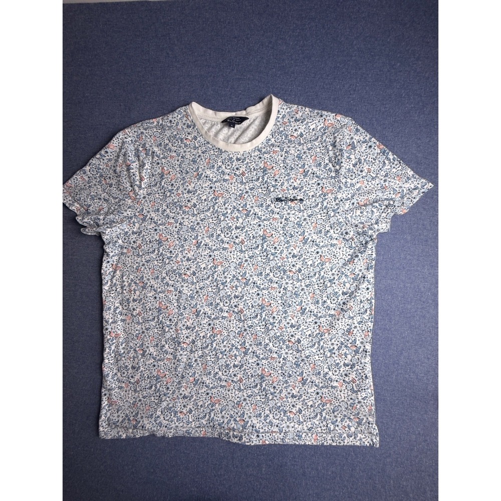 Ben Sherman Mens XL Floral Print Cotton T-Shirt Blue Pink White Short Sleeve Tee